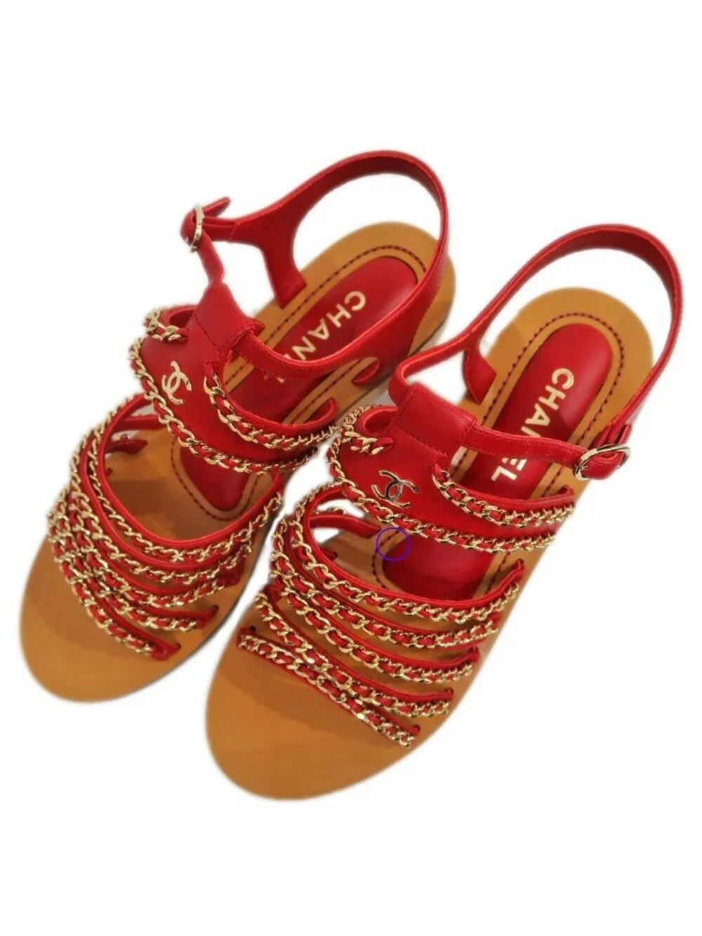 Chanel CC Logo Chain Sandals 38C Brown Red Shoes